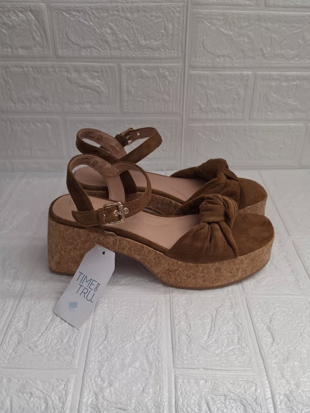 Time and Tru Tan Suede-Look Knot Platform Sandals